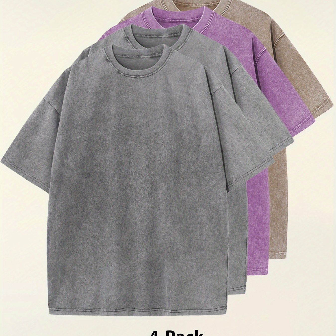 Four-pack Simple Solid Color Multicolor Matching - Washed Vintage Dyed 100% Cotton Men's Round Neck Short Sleeve Street Wear Batik Process Can Be Used As A Gift