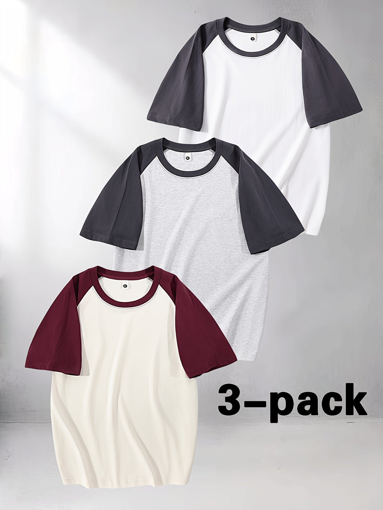3pcs Men's Cotton Raglan T-Shirt - Color Block Contrast Short Sleeve Crew Neck Tee with Raglan Sleeves, Casual Summer Basic Shirts Suitable for Casual Attire, Gym, Layering, Machine Washable