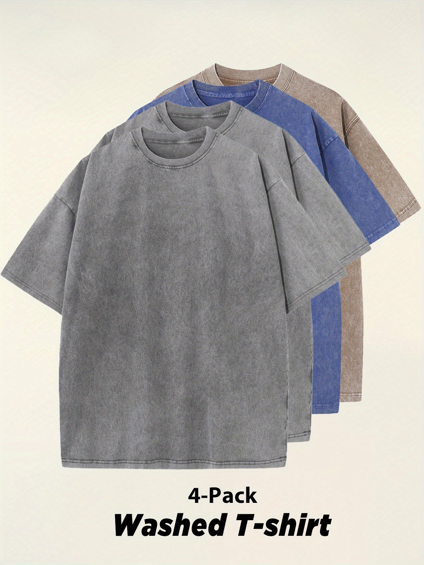 Four-pack Simple Solid Color Multicolor Matching - Washed Vintage Dyed 100% Cotton Men's Round Neck Short Sleeve Street Wear Batik Process Can Be Used As A Gift