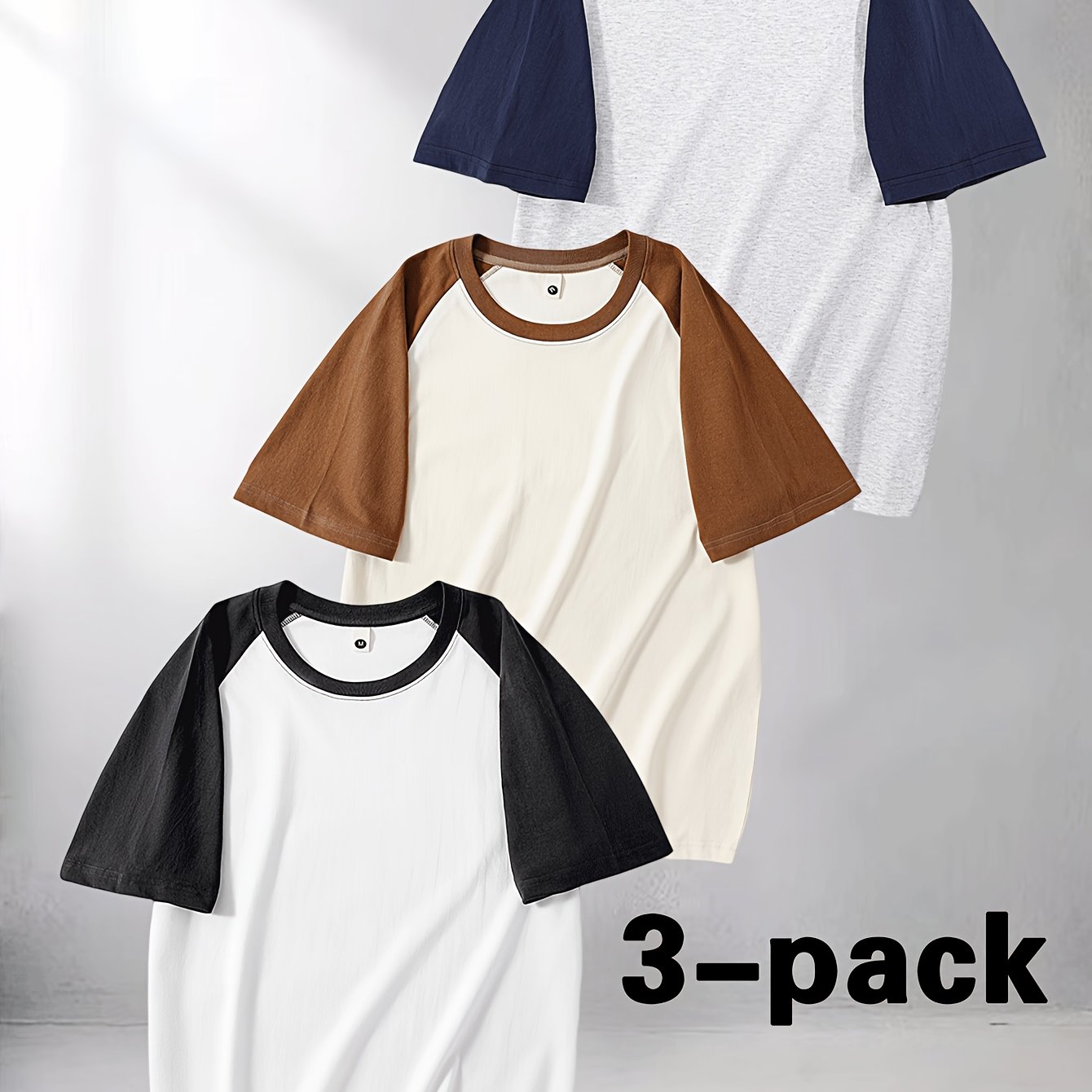 3pcs Men's Cotton Raglan T-Shirt - Color Block Contrast Short Sleeve Crew Neck Tee with Raglan Sleeves, Casual Summer Basic Shirts Suitable for Casual Attire, Gym, Layering, Machine Washable