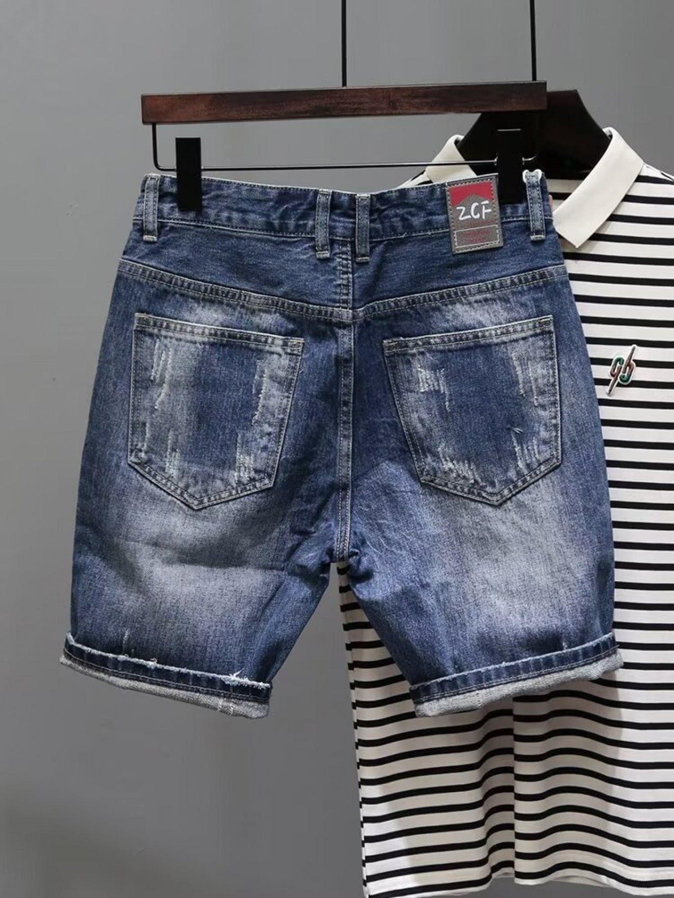 Summer Denim Shorts with Print, Trendy Brand, Vintage Wash, Korean Style Slim Fit, Stretchy Men's Shorts