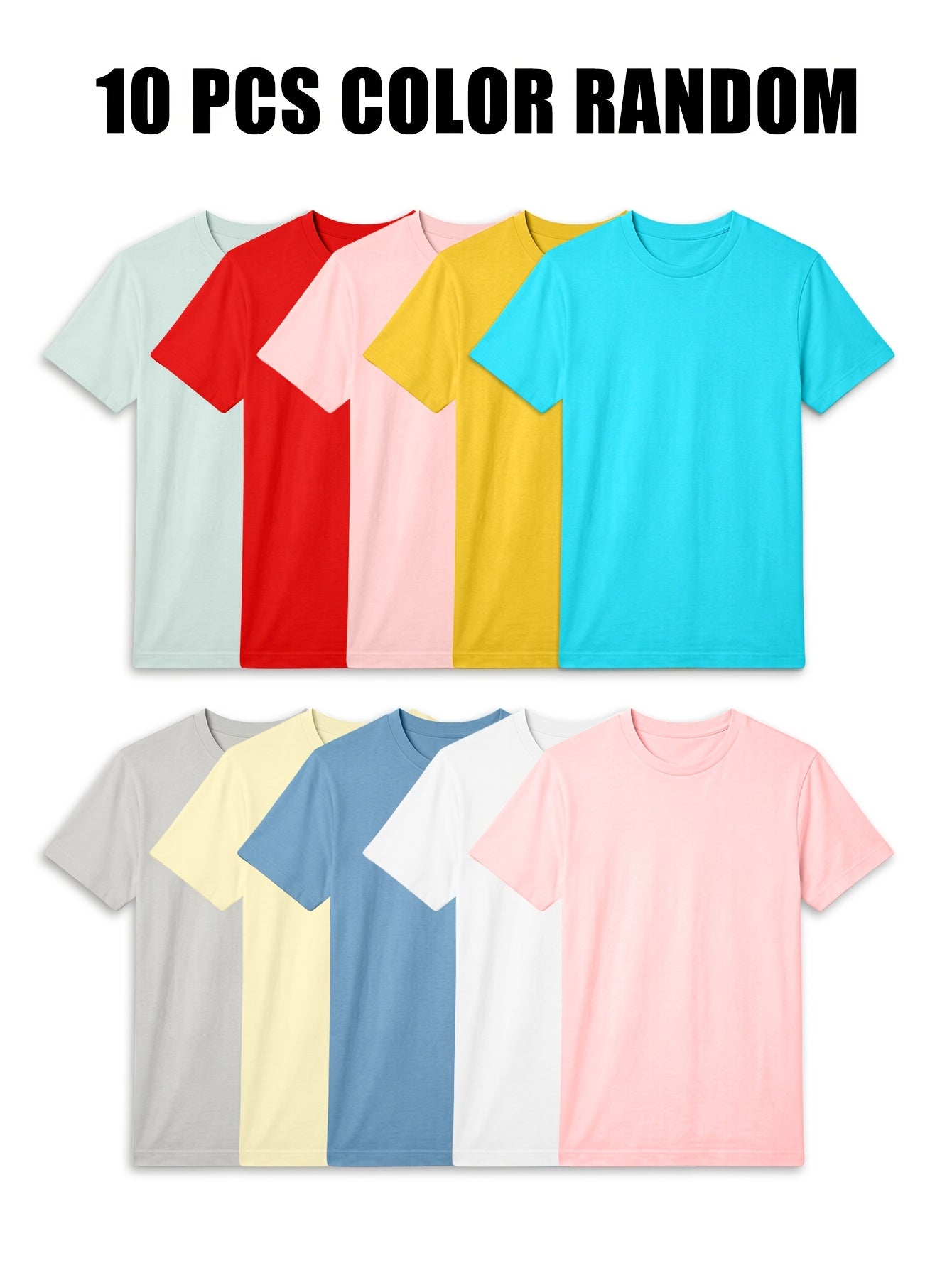 Random Color Set Of 10 Men's Pure Cotton T-Shirts, Short Sleeve Tops, Dopamine Color for Early Spring And Summer Wear, Fashionable Men's Casual Sports T-Shirts, 100% Cotton, Round Neck Short Sleeve, Regular Fit