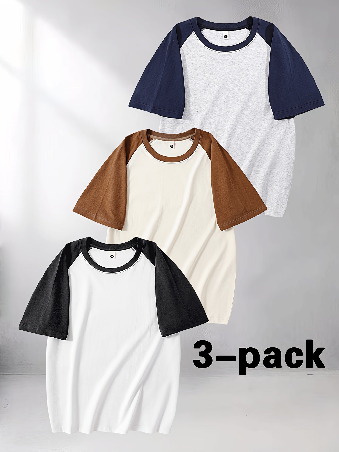 3pcs Men's Cotton Raglan T-Shirt - Color Block Contrast Short Sleeve Crew Neck Tee with Raglan Sleeves, Casual Summer Basic Shirts Suitable for Casual Attire, Gym, Layering, Machine Washable