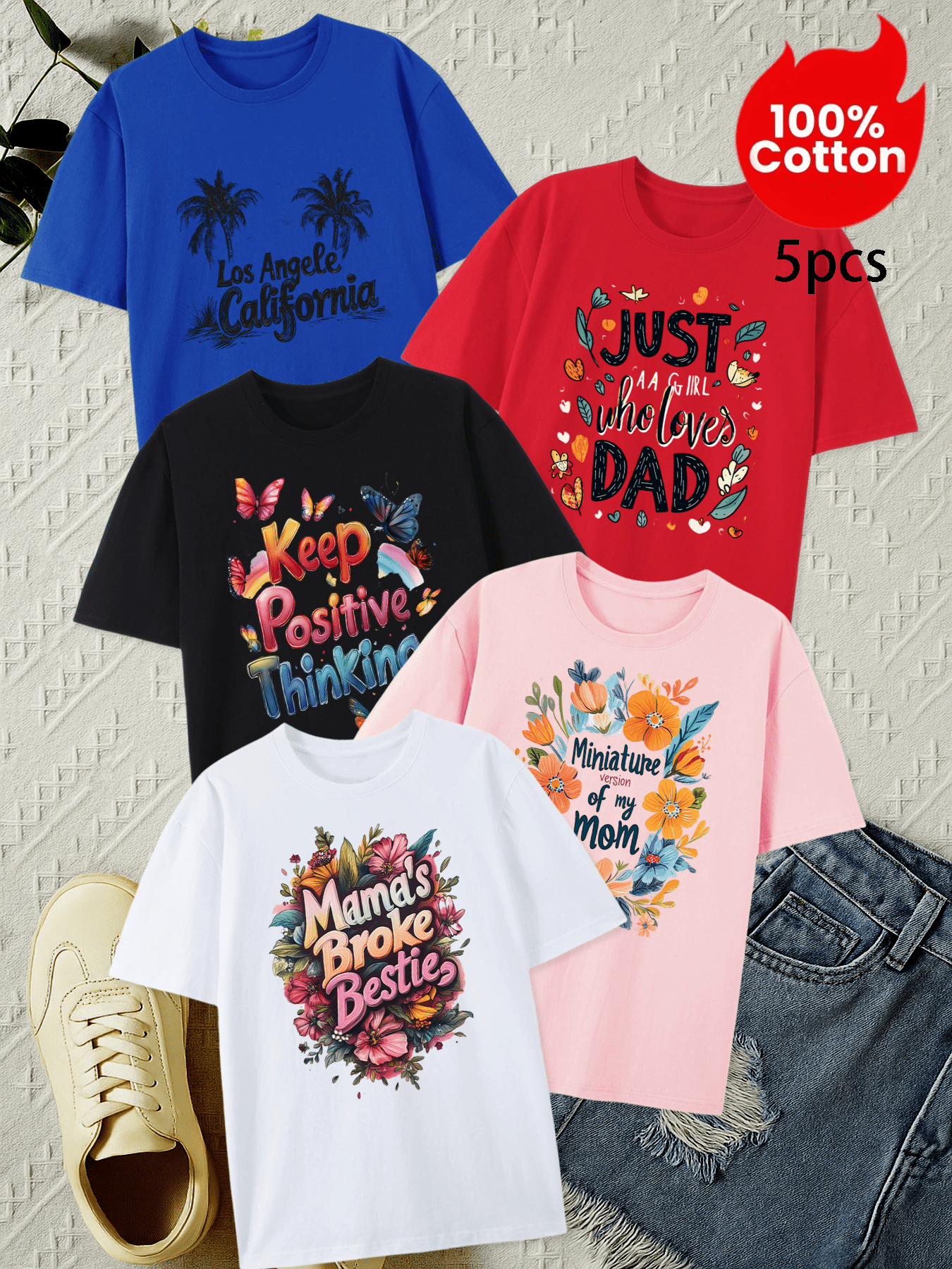 100% Pure Cotton Short Sleeved T-shirt Mixed 5-pack For Boys And Girls, Fashionable Printed Top With Text Pattern, Skin Friendly, Soft, Breathable, Sweat Absorbing, Sporty, Casual And Fashionable For Outdoor Activities