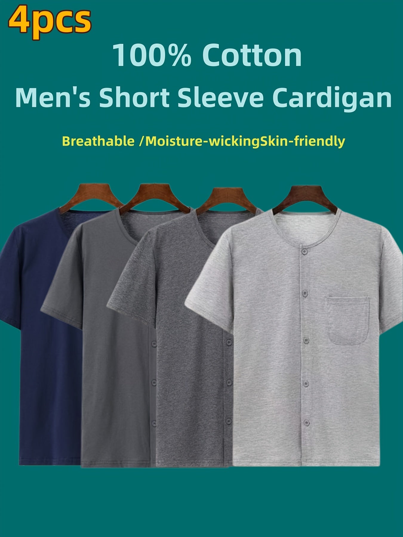 4pcs Men's 100% Cotton Lightweight Short Sleeve Cardigan, Breathable Sweat Wicking Skin-friendly Button Tops with Pockets, Casual Half Sleeve Tees for Home & Outdoor Wear, All Seasons & Perfect for Summer
