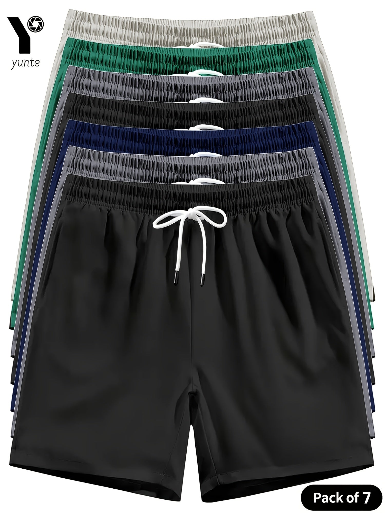 7pcs Set of Shorts in Black, Gray, Navy Blue, Black, Green, And Beige. Men'S Casual Loose-Fitting Sports Quick-Dry Shorts with Elastic Waistband And Drawstring. Men'S Lightweight Sports Running Shorts with Pockets for Fitness Training