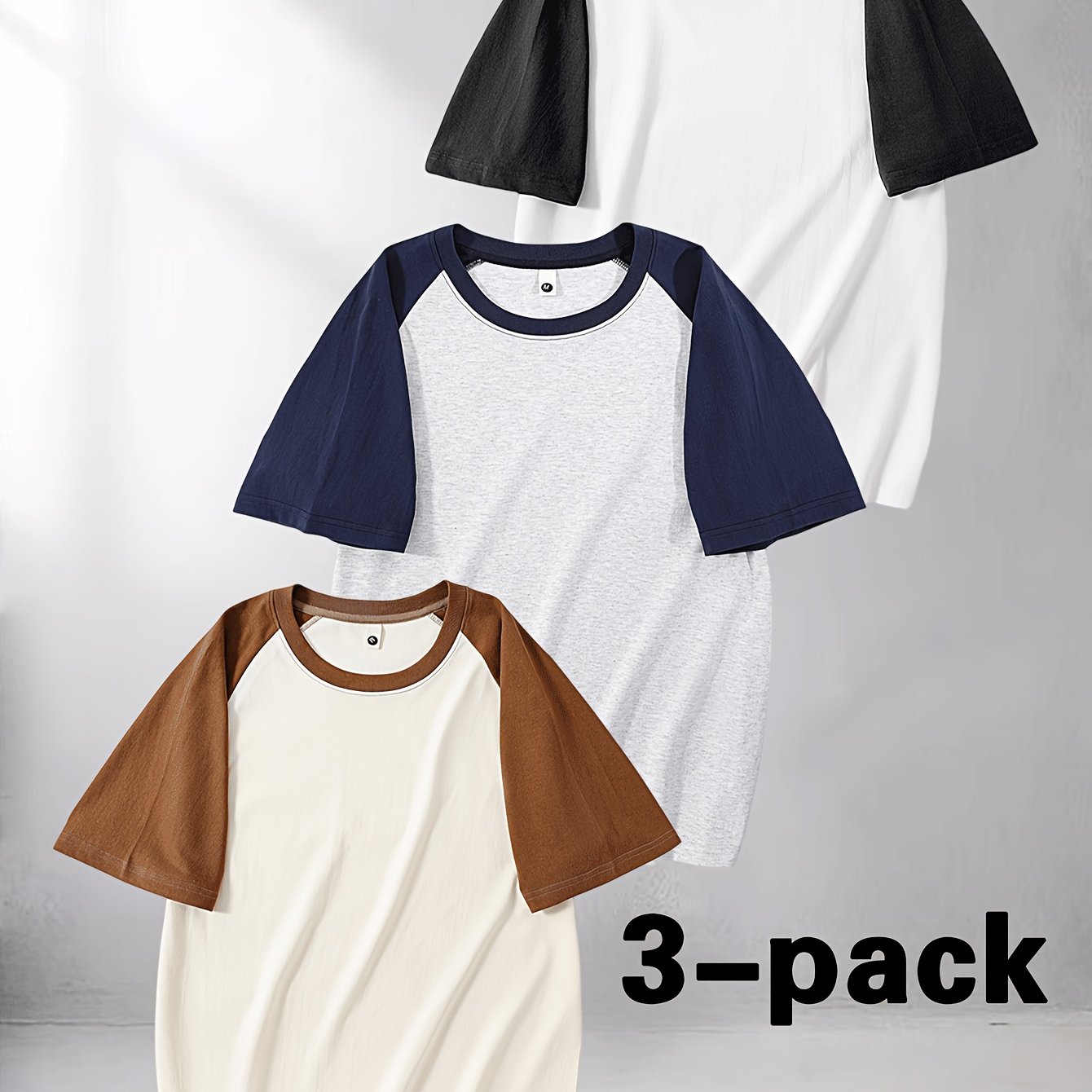 3pcs Men's Cotton Raglan T-Shirt - Color Block Contrast Short Sleeve Crew Neck Tee with Raglan Sleeves, Casual Summer Basic Shirts Suitable for Casual Attire, Gym, Layering, Machine Washable