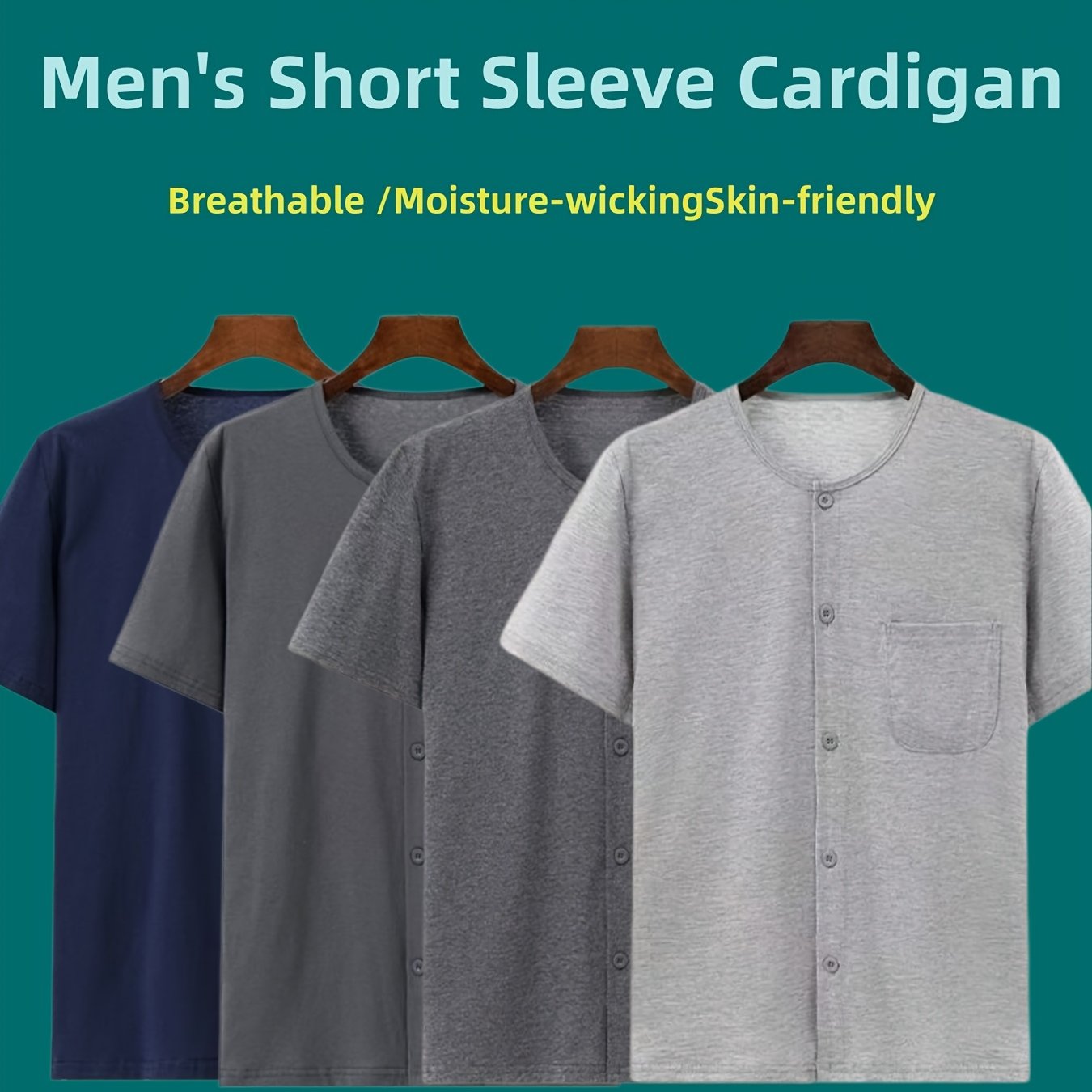 4pcs Men's 100% Cotton Lightweight Short Sleeve Cardigan, Breathable Sweat Wicking Skin-friendly Button Tops with Pockets, Casual Half Sleeve Tees for Home & Outdoor Wear, All Seasons & Perfect for Summer