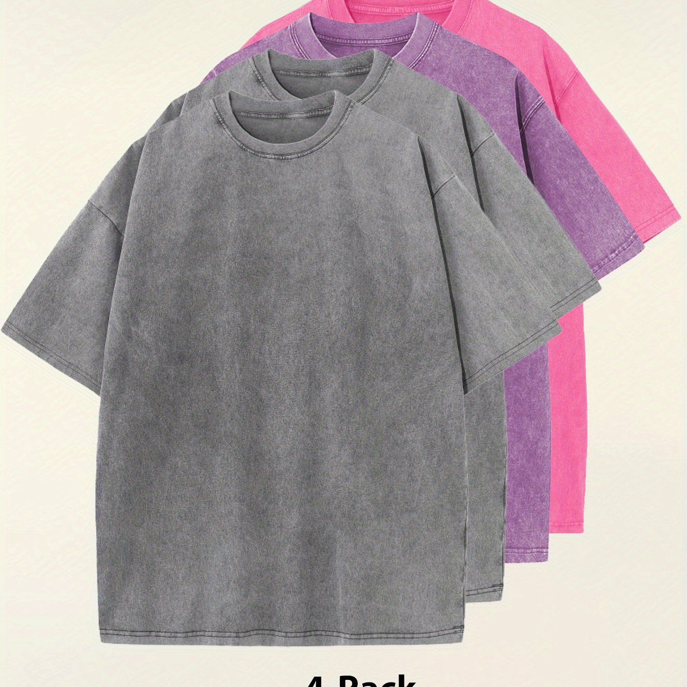 Four-pack Simple Solid Color Multicolor Matching - Washed Vintage Dyed 100% Cotton Men's Round Neck Short Sleeve Street Wear Batik Process Can Be Used As A Gift