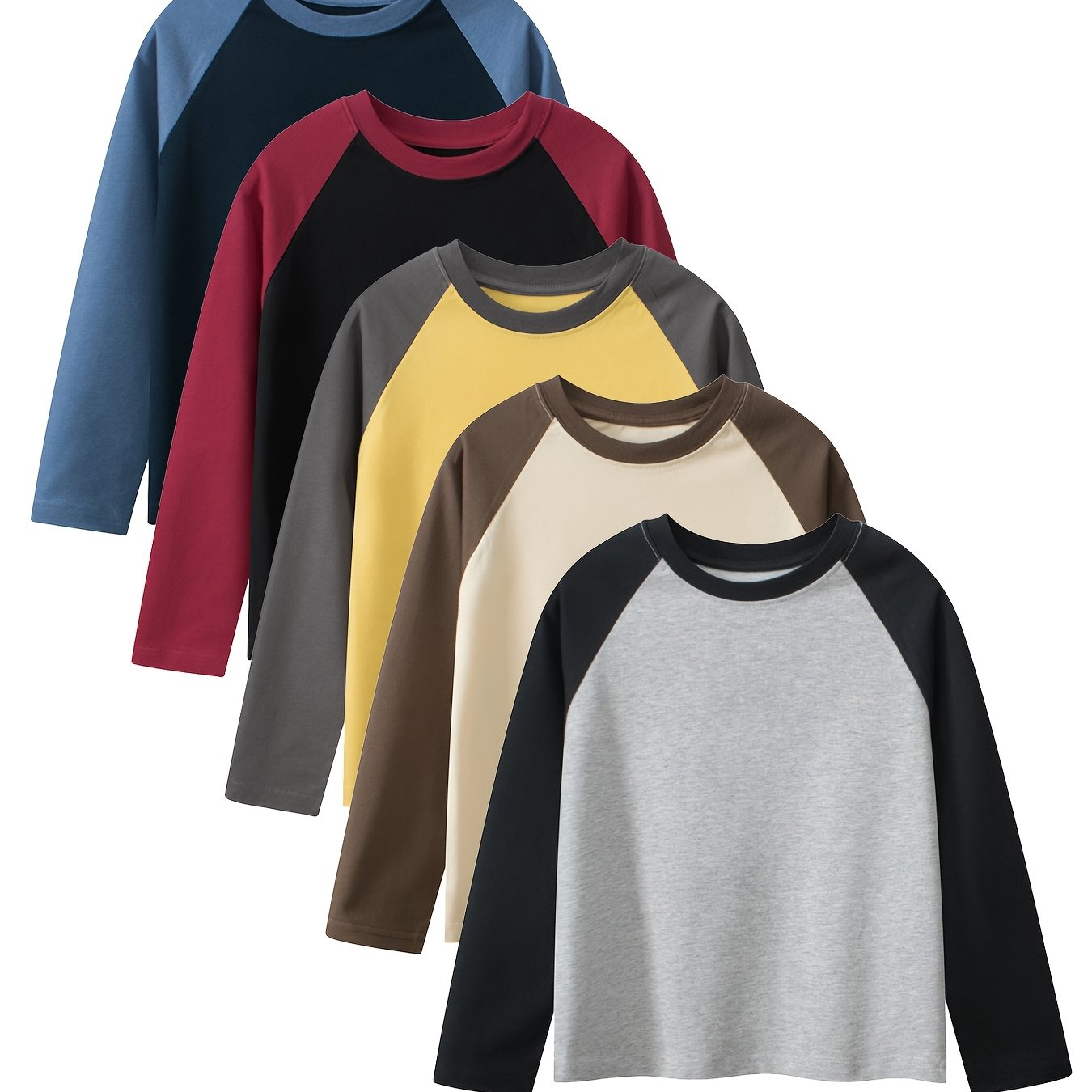 Set of 5 Fashionable Long-Sleeved T-Shirts for Older Children, Spring And Autumn, Round Neck, Color-Blocked Sleeves, Solid Color Tops for Boys And Girls
