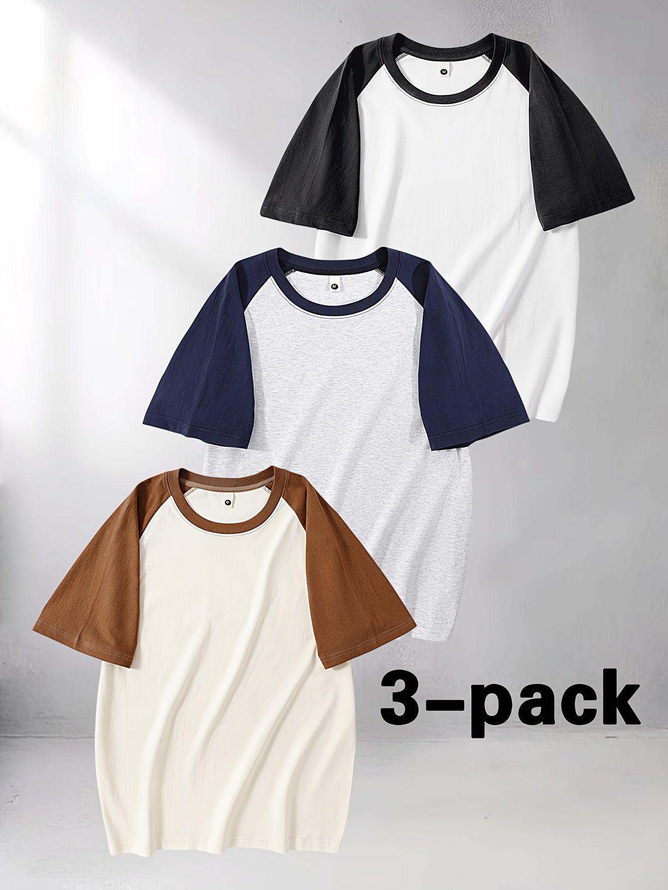 3pcs Men's Cotton Raglan T-Shirt - Color Block Contrast Short Sleeve Crew Neck Tee with Raglan Sleeves, Casual Summer Basic Shirts Suitable for Casual Attire, Gym, Layering, Machine Washable