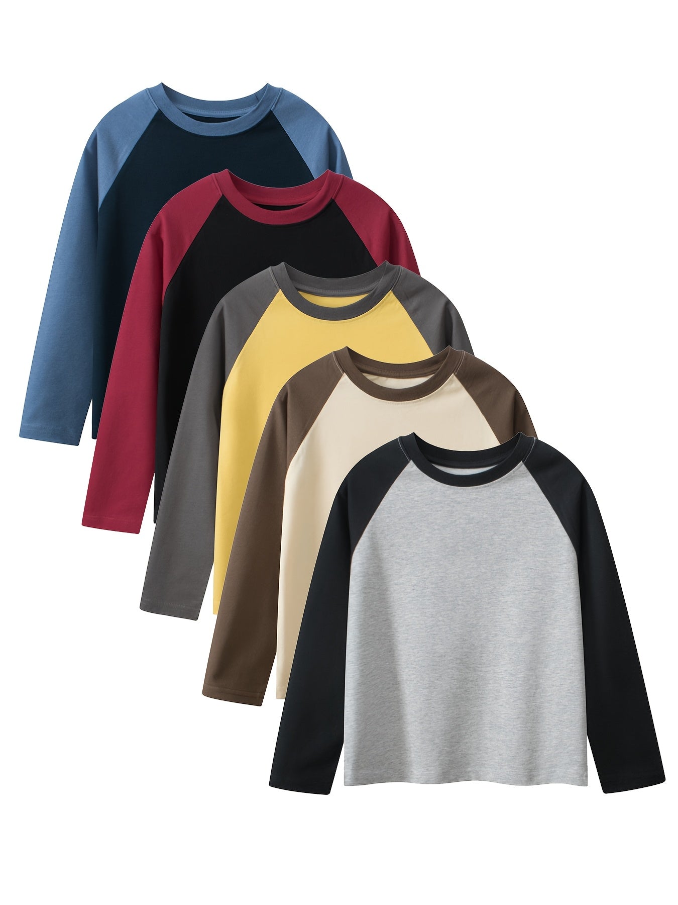 Set of 5 Fashionable Long-Sleeved T-Shirts for Older Children, Spring And Autumn, Round Neck, Color-Blocked Sleeves, Solid Color Tops for Boys And Girls