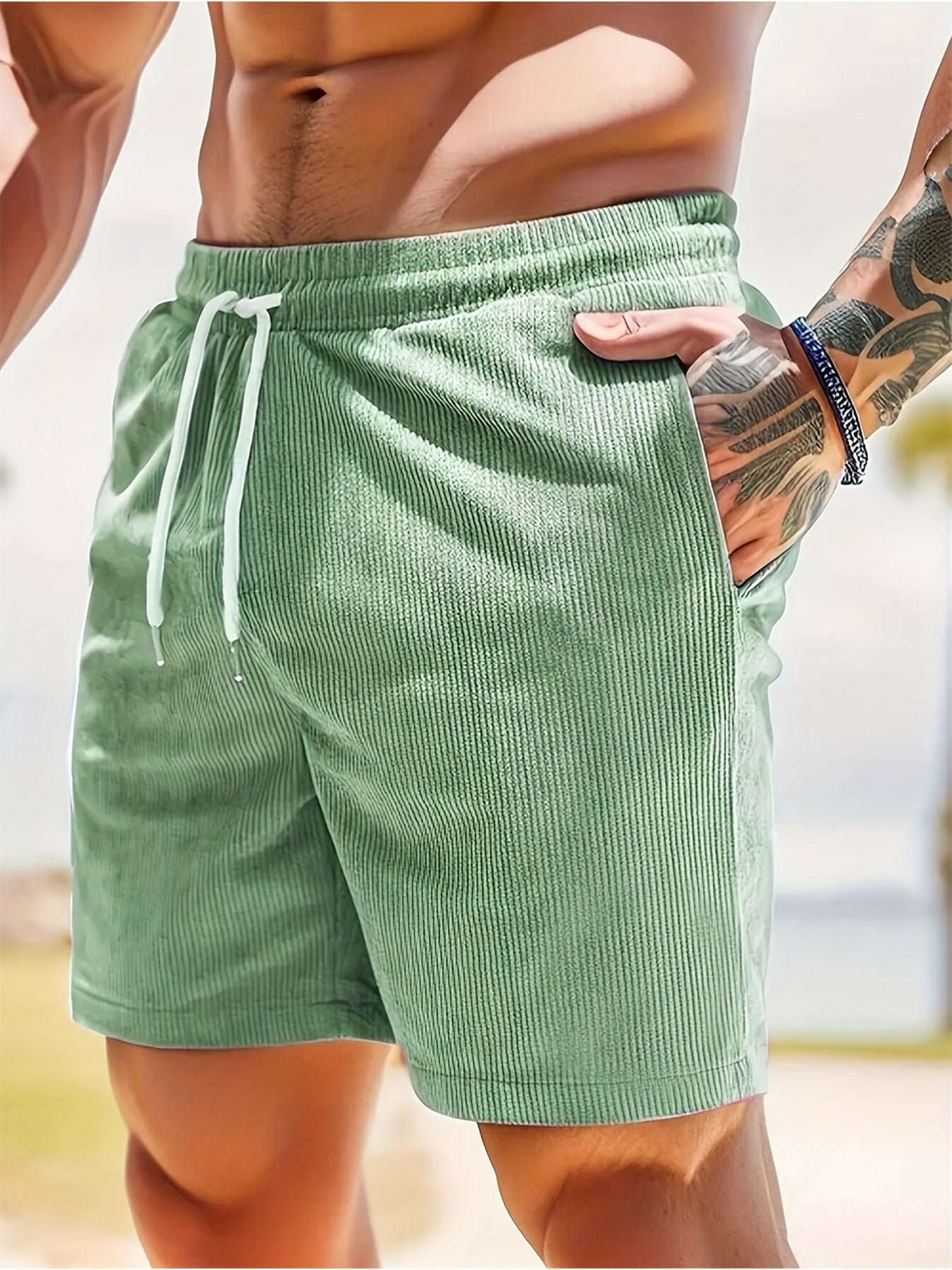 Men's Corduroy Home Casual Shorts 4pcs Set, with Drawstring Waist Design, Comfortable and Breathable Fabric, Suitable for Outdoor Walks and Daily Home Leisure