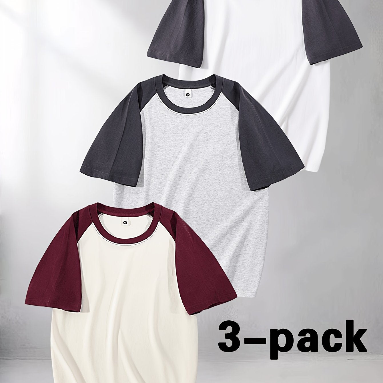 3pcs Men's Cotton Raglan T-Shirt - Color Block Contrast Short Sleeve Crew Neck Tee with Raglan Sleeves, Casual Summer Basic Shirts Suitable for Casual Attire, Gym, Layering, Machine Washable