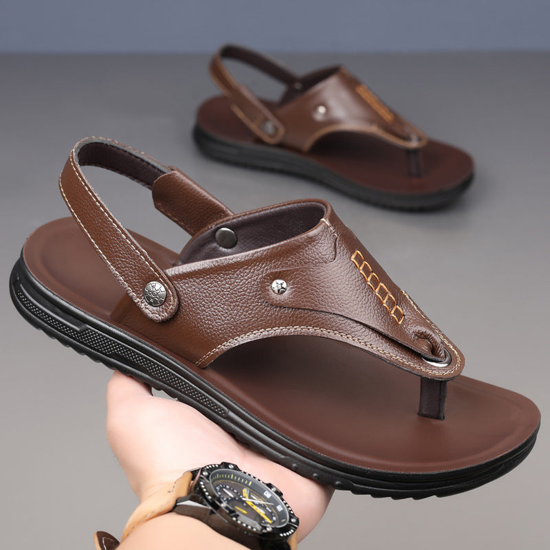 Men's Flip-Flops 2026 Model Genuine Leather Soft Sole Casual Men's Beach Shoes Dual-Use Outdoor Men's Sandals