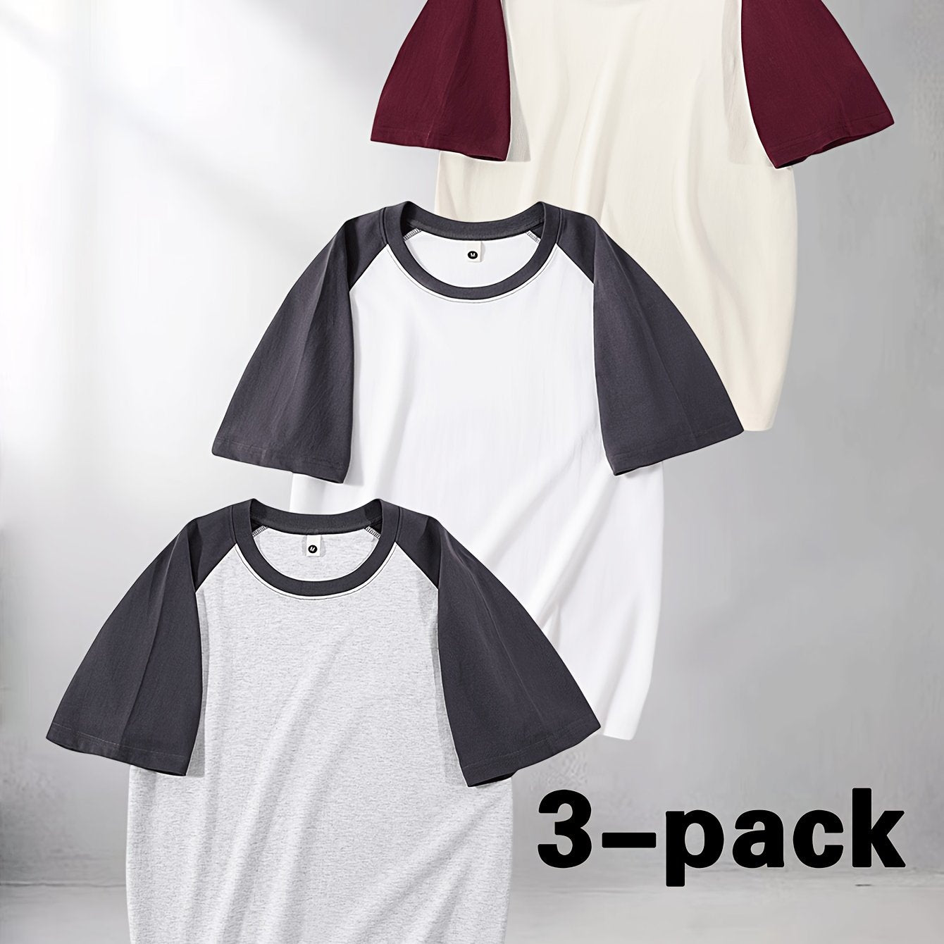 3pcs Men's Cotton Raglan T-Shirt - Color Block Contrast Short Sleeve Crew Neck Tee with Raglan Sleeves, Casual Summer Basic Shirts Suitable for Casual Attire, Gym, Layering, Machine Washable