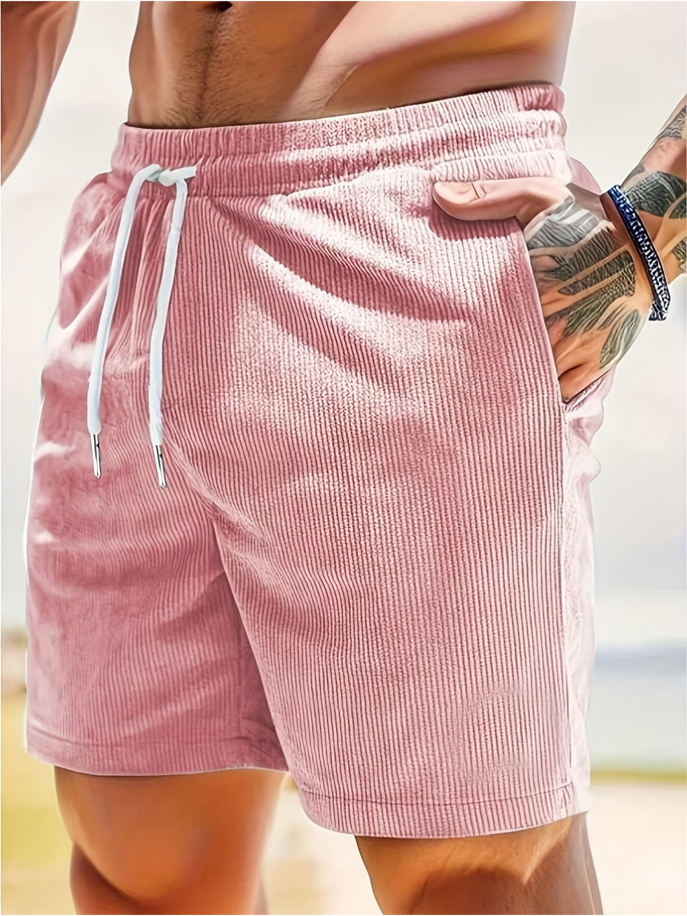 Men's Corduroy Home Casual Shorts 4pcs Set, with Drawstring Waist Design, Comfortable and Breathable Fabric, Suitable for Outdoor Walks and Daily Home Leisure