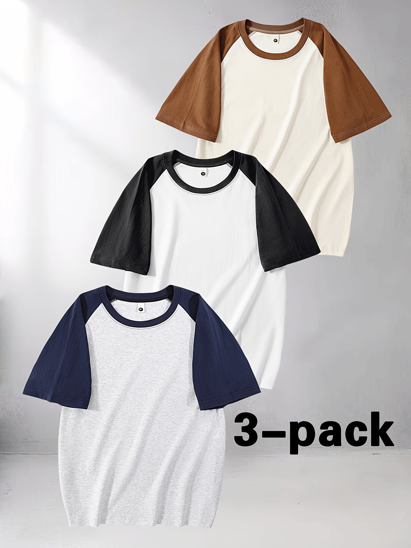 3pcs Men's Cotton Raglan T-Shirt - Color Block Contrast Short Sleeve Crew Neck Tee with Raglan Sleeves, Casual Summer Basic Shirts Suitable for Casual Attire, Gym, Layering, Machine Washable