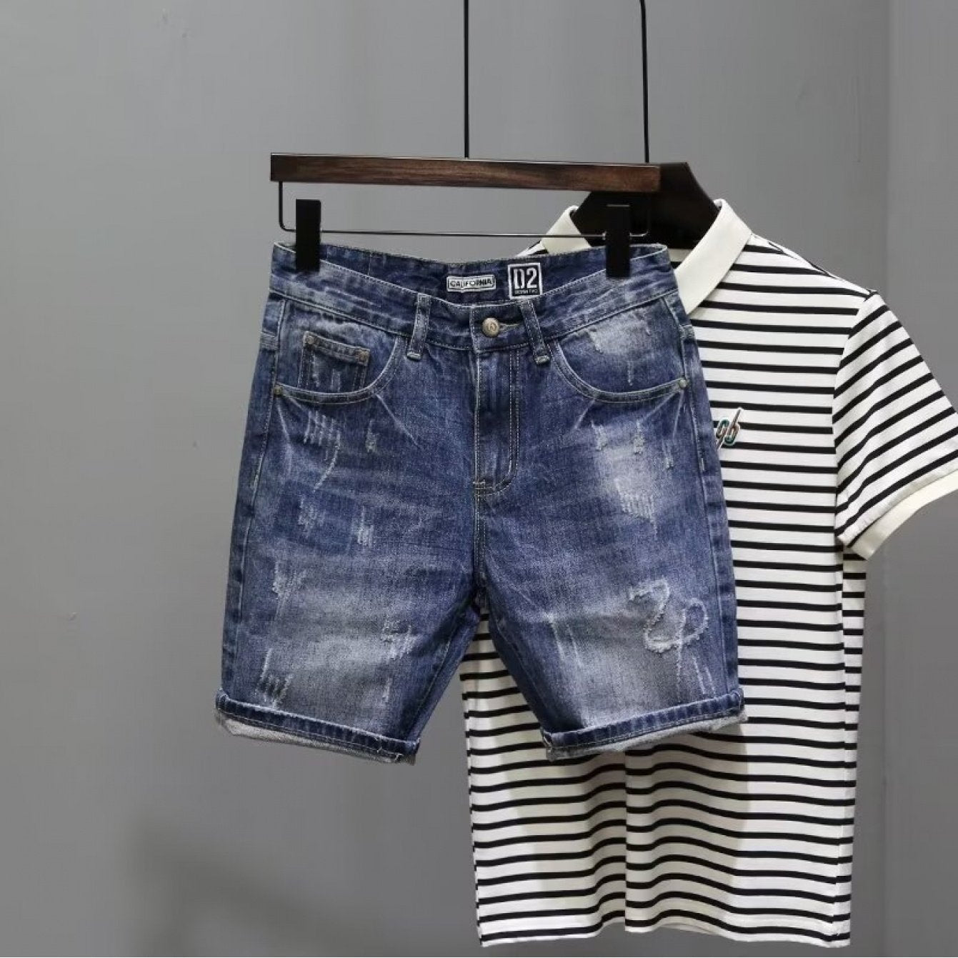 Summer Denim Shorts with Print, Trendy Brand, Vintage Wash, Korean Style Slim Fit, Stretchy Men's Shorts