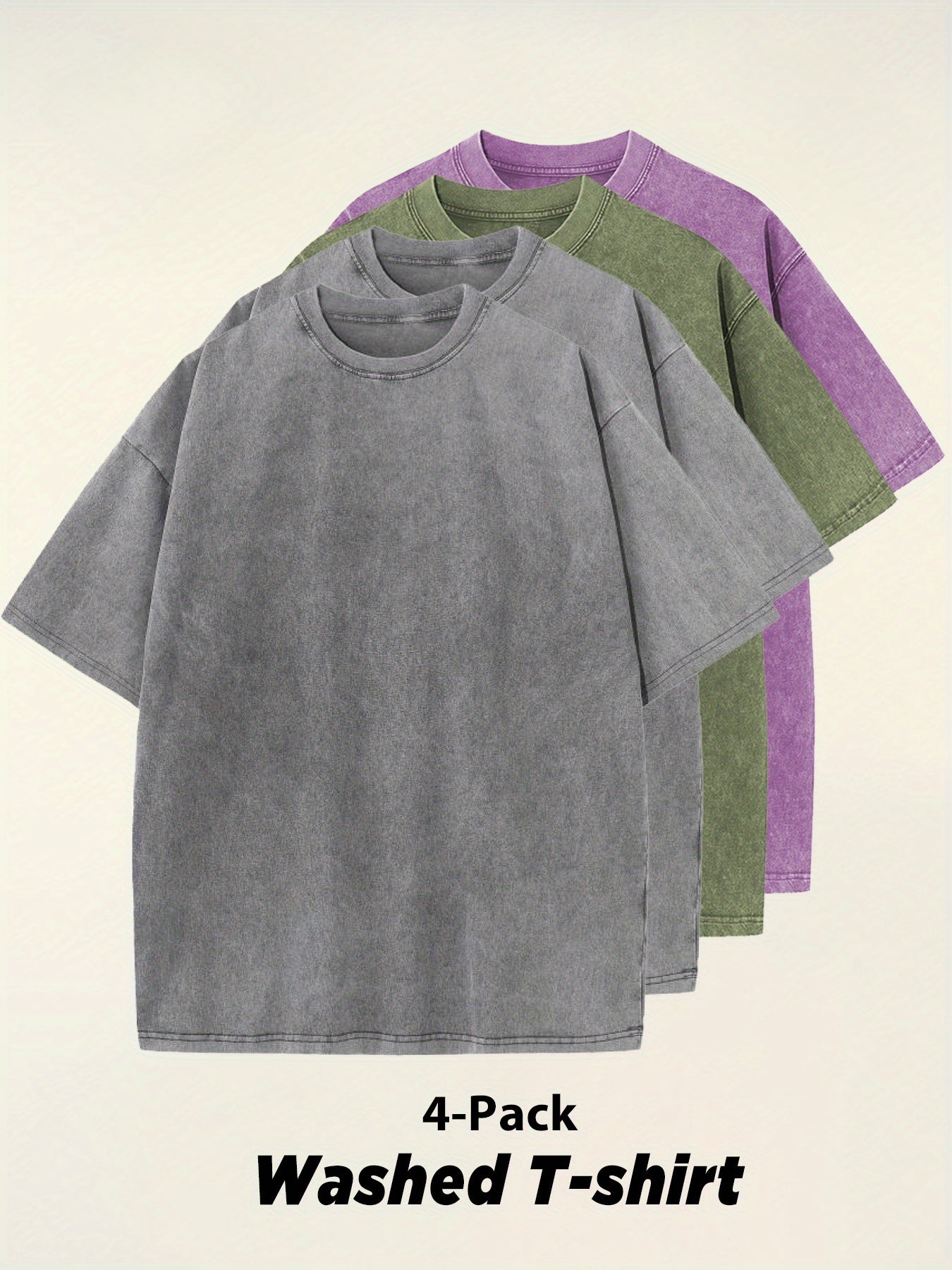Four-pack Simple Solid Color Multicolor Matching - Washed Vintage Dyed 100% Cotton Men's Round Neck Short Sleeve Street Wear Batik Process Can Be Used As A Gift