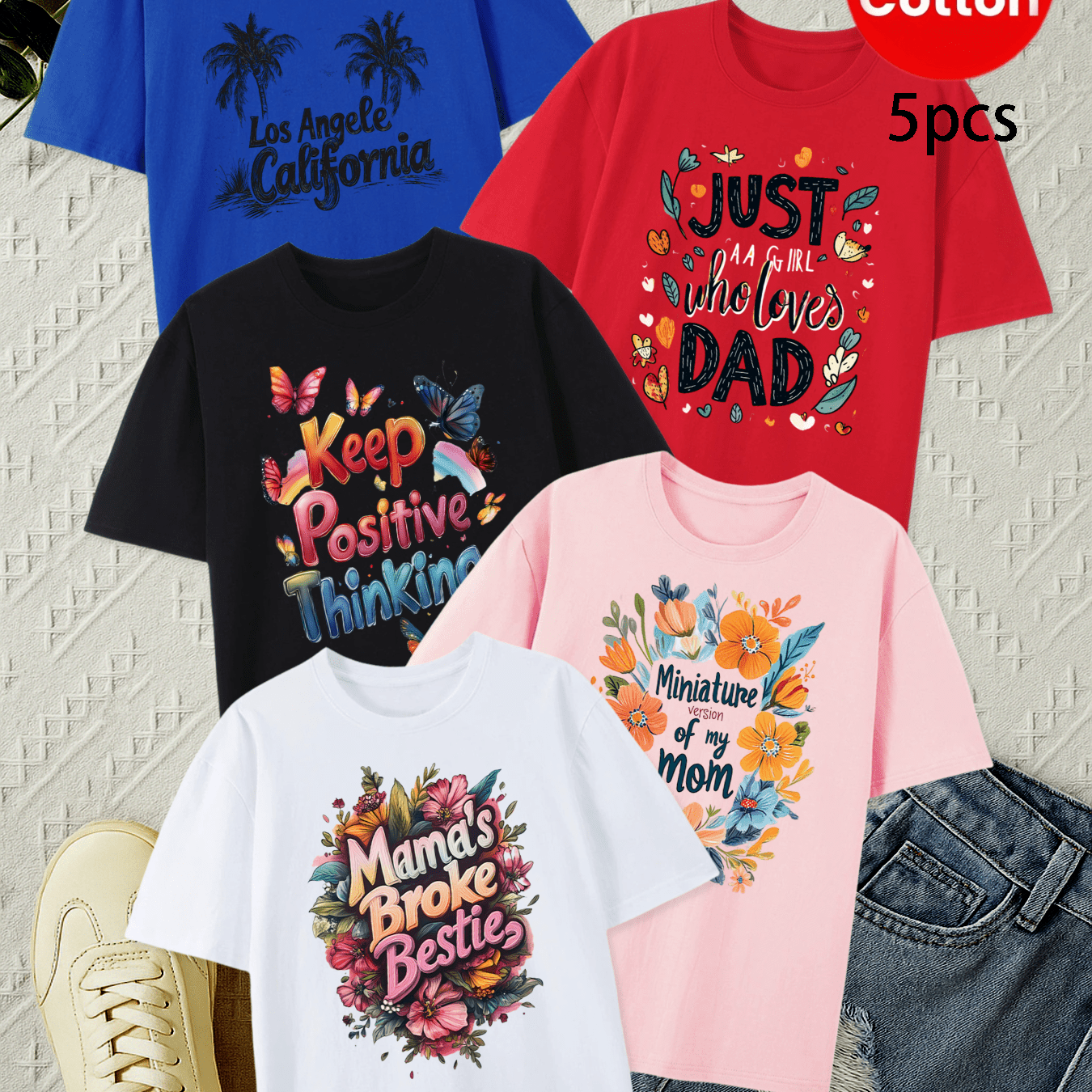100% Pure Cotton Short Sleeved T-shirt Mixed 5-pack For Boys And Girls, Fashionable Printed Top With Text Pattern, Skin Friendly, Soft, Breathable, Sweat Absorbing, Sporty, Casual And Fashionable For Outdoor Activities