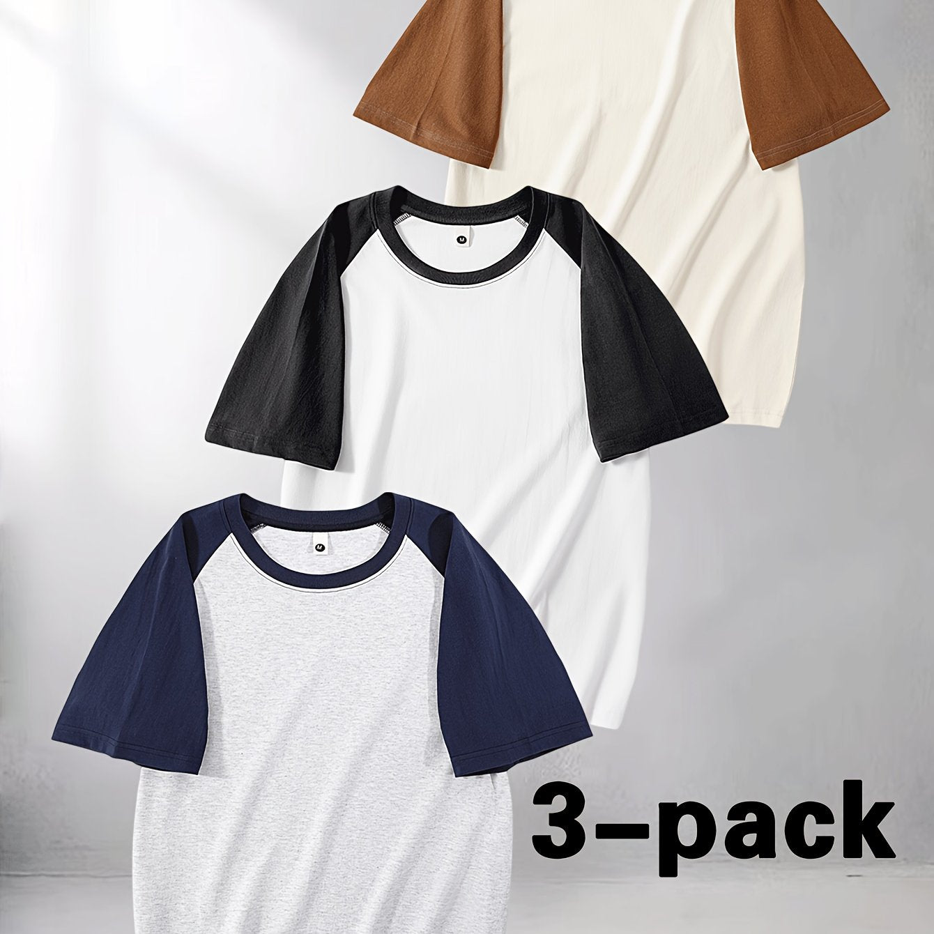 3pcs Men's Cotton Raglan T-Shirt - Color Block Contrast Short Sleeve Crew Neck Tee with Raglan Sleeves, Casual Summer Basic Shirts Suitable for Casual Attire, Gym, Layering, Machine Washable