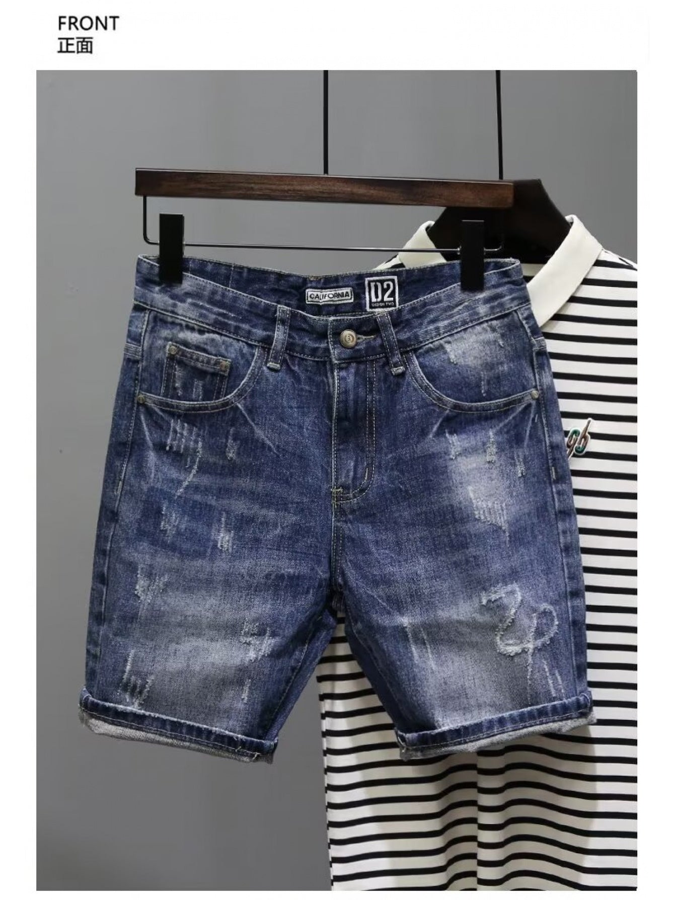Summer Denim Shorts with Print, Trendy Brand, Vintage Wash, Korean Style Slim Fit, Stretchy Men's Shorts